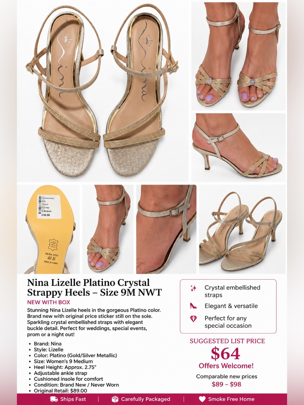 NWT Nina Lizelle Platino Rhinestone Strappy Heels Sandals Size 9M